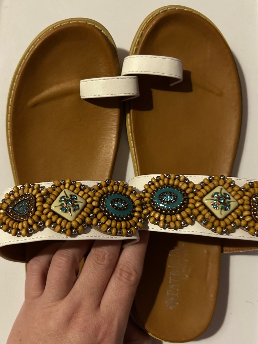 Beaded White and Tan Slide Sandals with Turquoise Accents
